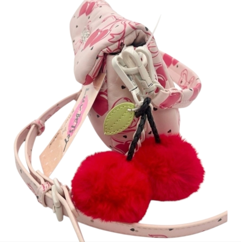 ❤️▪️Betsey Johnson▪️ Pink Bow LBCORAL Cherries Hearts Crossbody BAG W/Charm - Picture 2 of 2